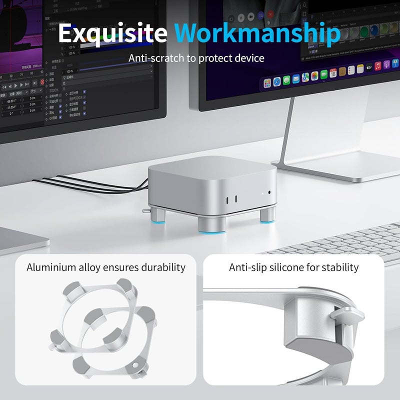 Omoton حامل ألومنيوم لجهاز Mac mini M4 وM4 Pro، حامل سطح مكتب للتبريد، وصول مريح إلى زر الطاقة، تصميم متين وقوي، فضي - Image 5